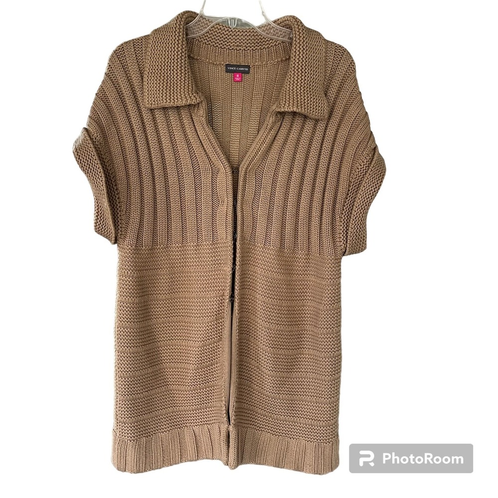 Vince Camuto Women M Tan Camel Wool Bl Chunky Knit Short Sleeve Cardigan Sweater